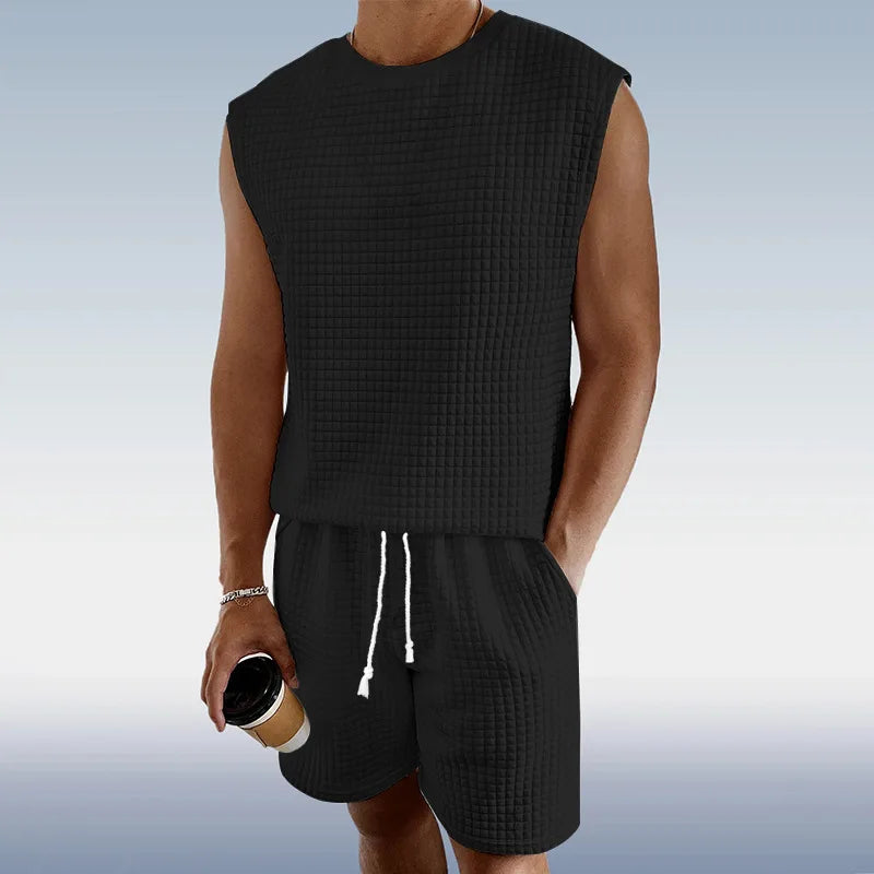 Männer Kurze Sets Casual Oansatz Ärmellose Waffel Westen Tops & Hohe Elastische Taille Kordelzug Breite Bein kurze Anzüge CBFS-2447